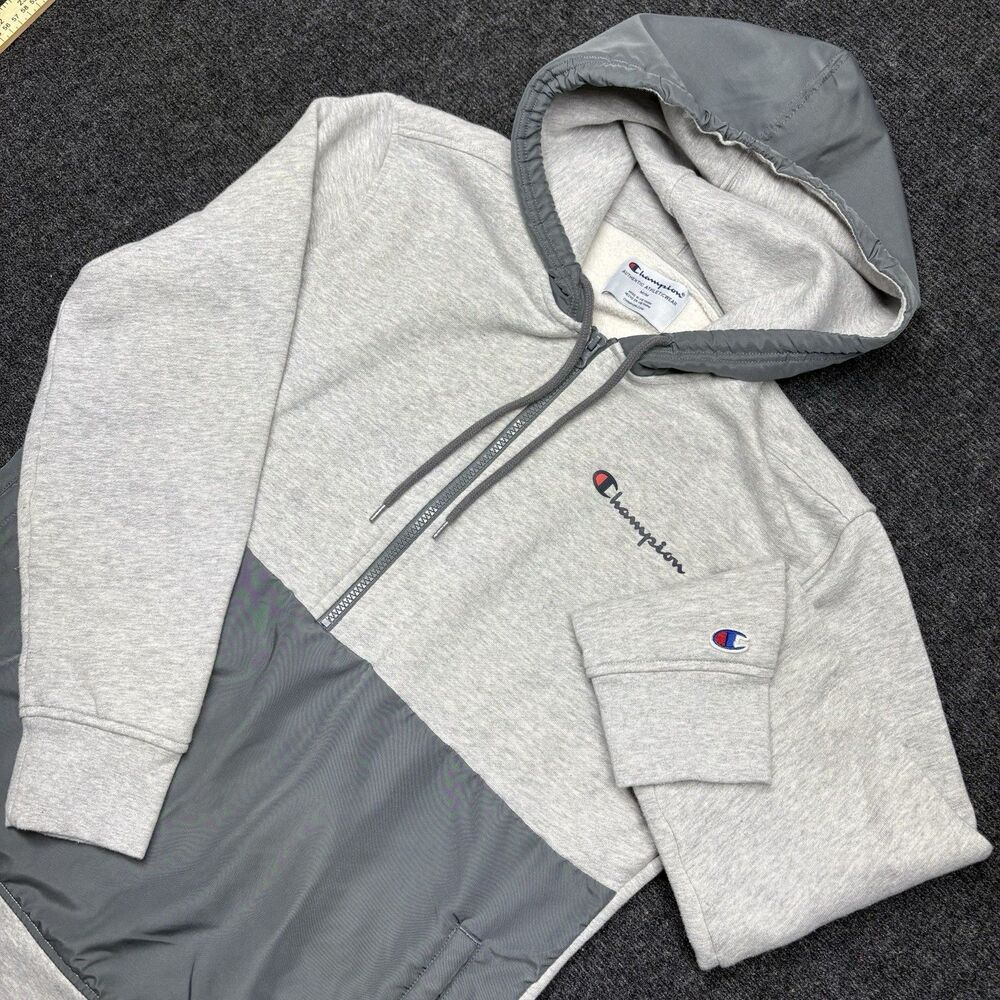 Champion Hoodie Sweatshirt Mens Medium Gray  Trim 1/2 Zip Fleece Pullover